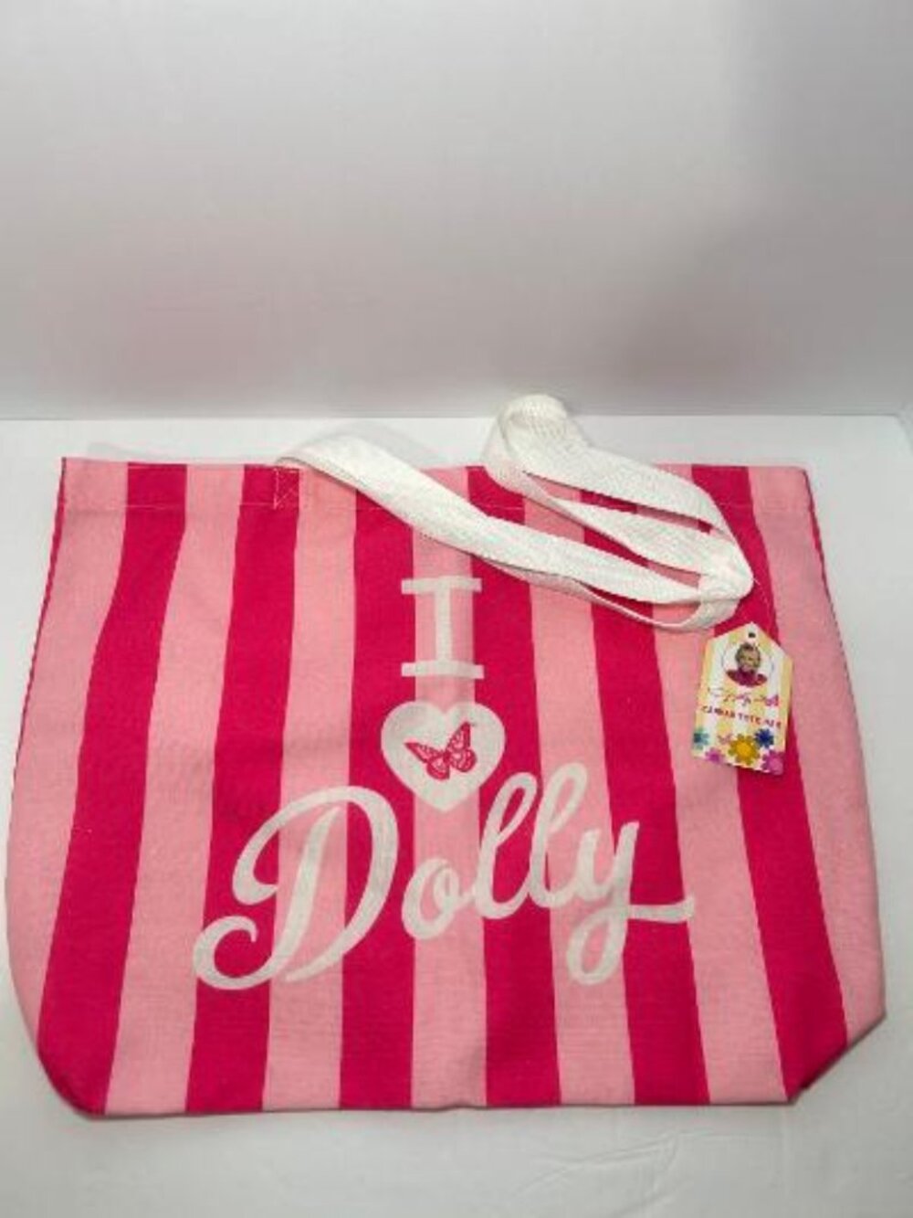 Dolly Parton Summer Pink Striped Canvas Tote Bag I Heart Dolly Butterfly NWT